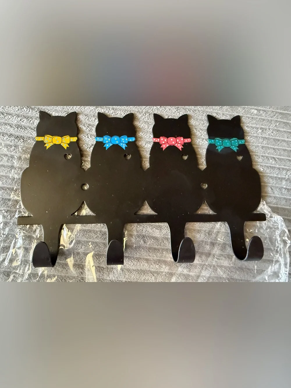 Black Cats Metal Key Holder 4 Hook Decorative Kitten Home Organization Towel